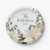 白エレガントポインセチアパーティー ペーパープレート (正面)