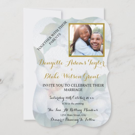 白エレガントマグノリア水彩写真結婚の 招待状 (正面)