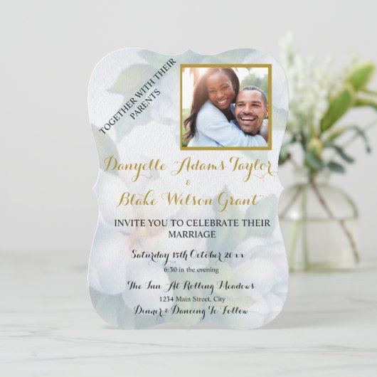 白エレガントマグノリア水彩写真結婚の 招待状 (スタンド正面)