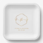 白エレガントミニマル金ゴールドモノグラムの結婚s ペーパープレート (正面)