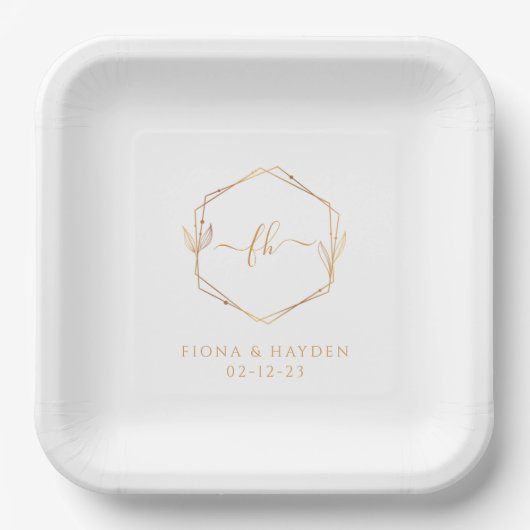 白エレガントミニマル金ゴールドモノグラムの結婚s ペーパープレート (正面)