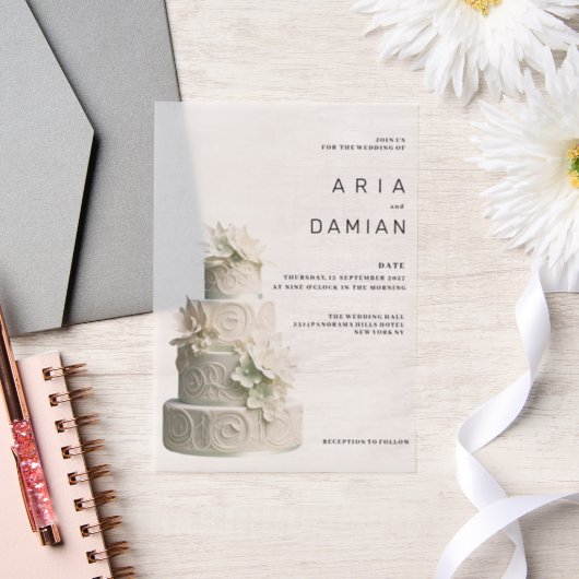 白エレガントミントグリーンフローラケ結婚ーキ ベラム紙招待状 (ウェディング)