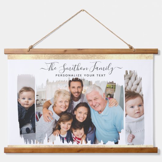 白エレガントモダンと金ゴールドの写真ファミリの追加 吊り下げ型タペストリー (正面)