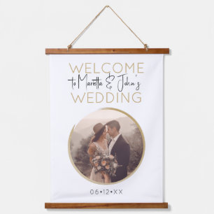 白エレガントモダンと金ゴールド結婚の歓迎サイン 吊り下げ型タペストリー