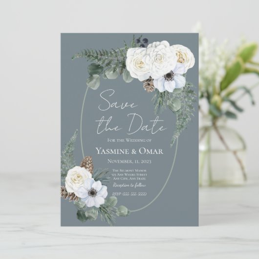 白エレガントモダンフローラと石板グレイ結婚ズ 招待状