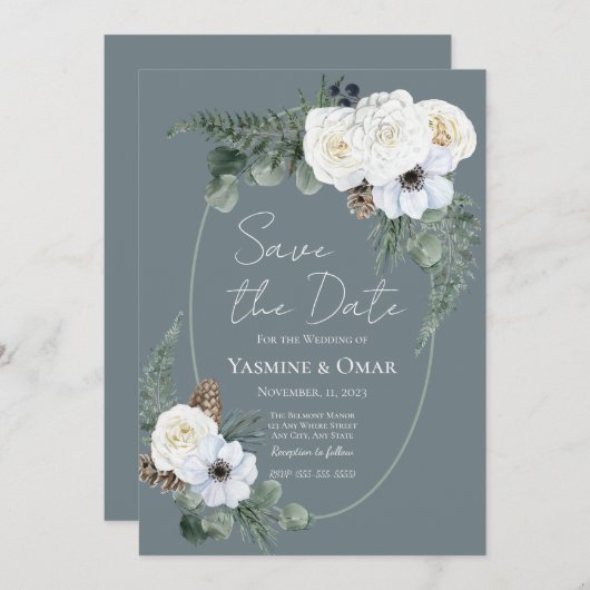 白エレガントモダンフローラと石板グレイ結婚ズ 招待状 (正面/裏面)