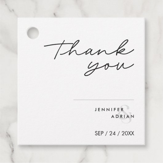 白エレガントモダンミニマル結婚式の引き出物ラベル フェイバータグ (正面)