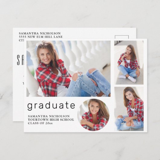 白エレガントモダン卒業式4 Photo Collage インビテーションポストカード (正面/裏面)