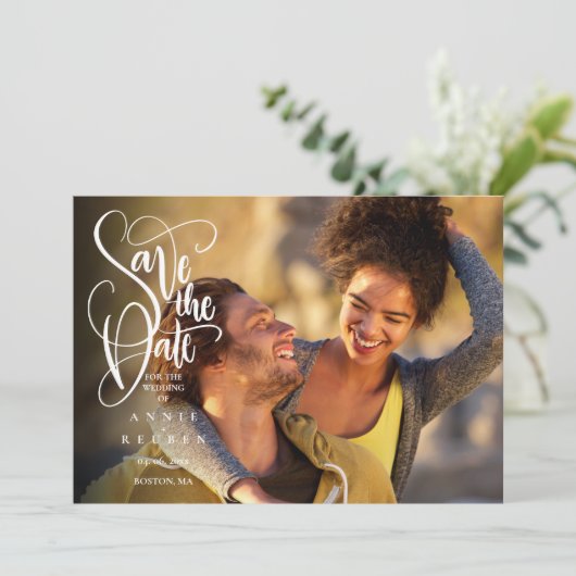 白エレガントモダン文字の写真日付の保存 セーブザデート (スタンド正面)