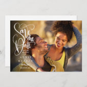 白エレガントモダン文字の写真日付の保存 セーブザデート (正面/裏面)