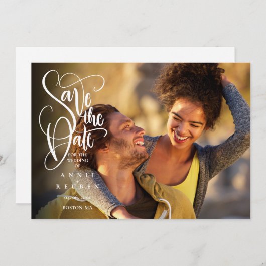 白エレガントモダン文字の写真日付の保存 セーブザデート (正面/裏面)