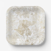 白エレガントモダン灰色金ゴールド大理石フローラ ペーパープレート (正面)