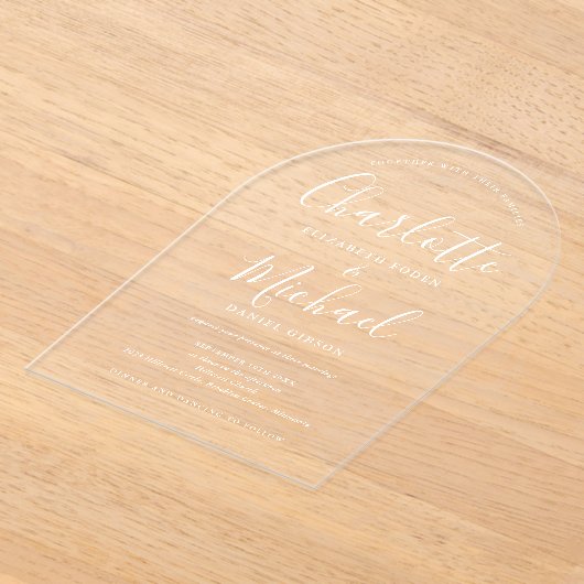 白エレガントモダン署名スクリプトアー結婚チ アクリル招待状 (レイダウン)