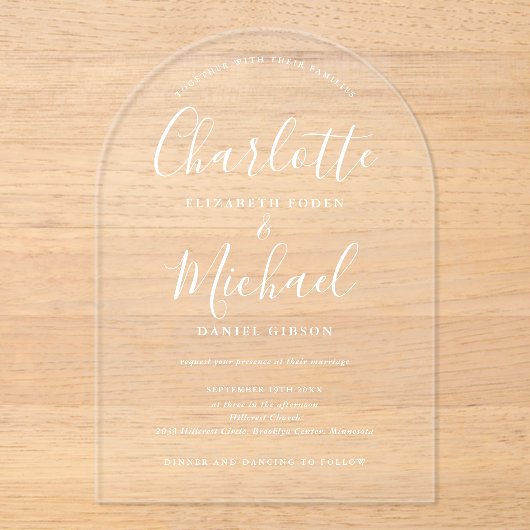 白エレガントモダン署名スクリプトアー結婚チ アクリル招待状 (正面)