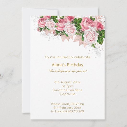 白エレガントモダン金ゴールドレースピンクブーケ 招待状 (正面)