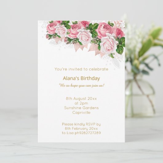 白エレガントモダン金ゴールドレースピンクブーケ 招待状 (スタンド正面)