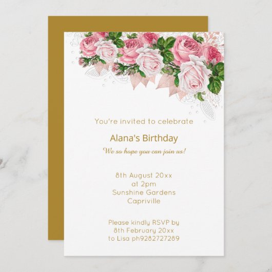 白エレガントモダン金ゴールドレースピンクブーケ 招待状 (正面/裏面)