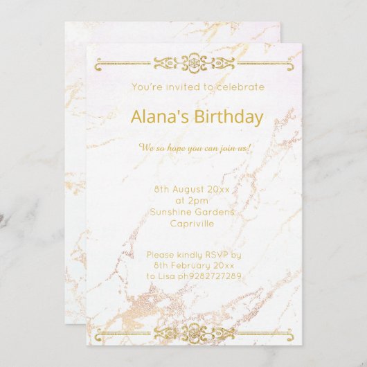 白エレガントモダン金ゴールド大理石縁ど製 招待状 (正面/裏面)