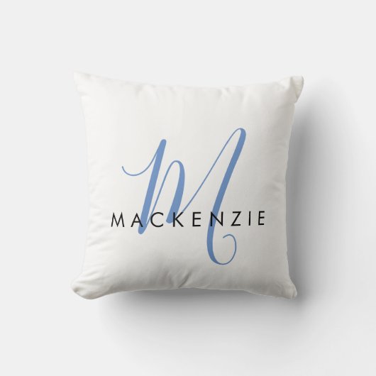 白エレガントモダン青スクリプトモノグラム クッション (正面)