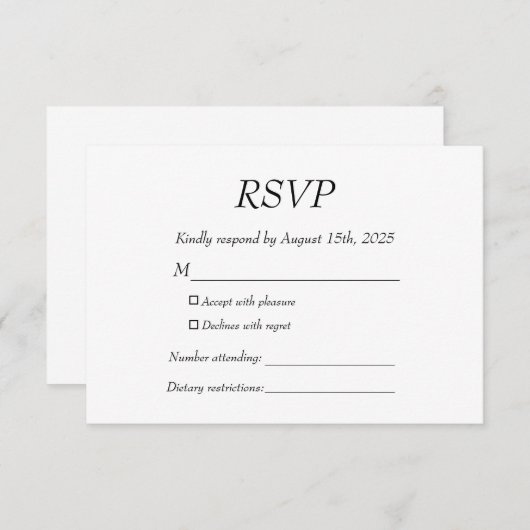 白エレガントモダン黒に親切に答えフォーマルる 出欠カード (正面/裏面)