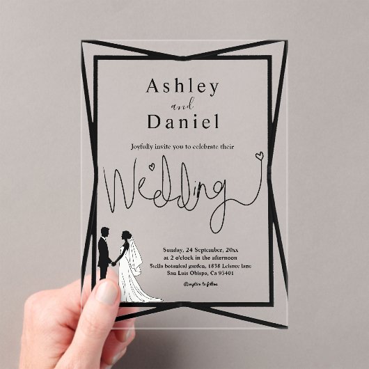 白エレガントモダン黒のカップル結婚の アクリル招待状 (インサイチュ (ポータブル))
