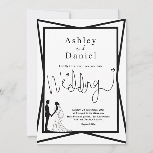 白エレガントモダン黒のカップル結婚の 招待状 (正面)
