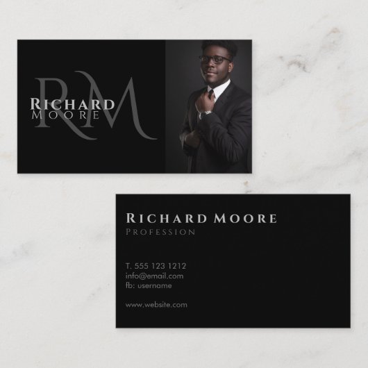 白エレガントモダン黒の写真モノグラムの 名刺 (正面/裏面)