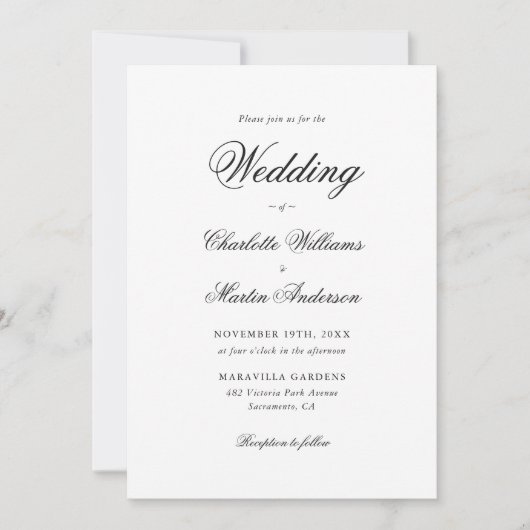 白エレガントモダン黒の写真結婚 招待状 (正面)