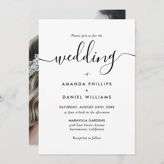 白エレガントモダン黒の写真結婚 招待状 (正面/裏面)