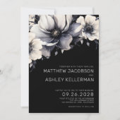 白エレガントモダン黒フローラ結婚 招待状 (正面)
