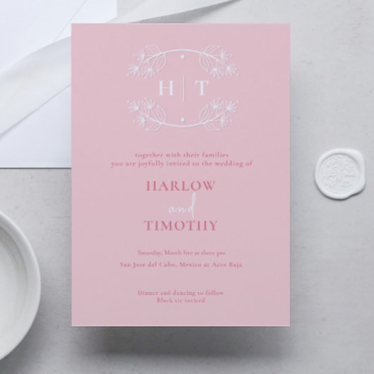 白エレガントモノグラムのピンクの書結婚道 招待状