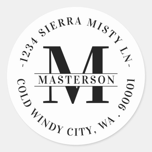 白エレガントモノグラム円形差出人住所 ラウンドシール (正面)