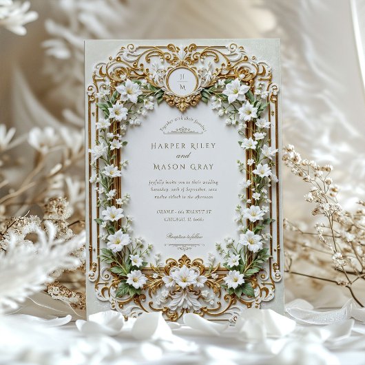 白エレガントユリと金ゴールドフェイク招待状 招待状