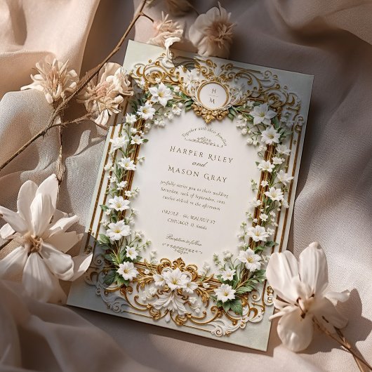 白エレガントユリと金ゴールドフェイク招待状 招待状