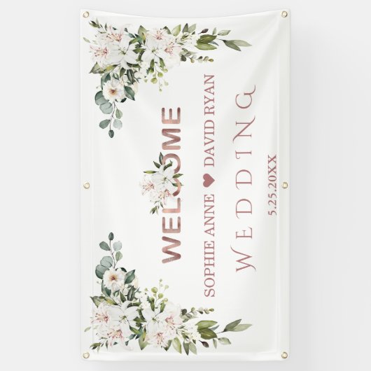 白エレガントユリの結婚金ゴールド歓迎サイン 横断幕 (縦)