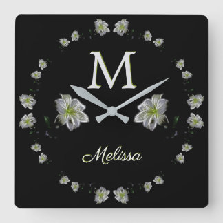 白エレガントユリフローラ スクエア壁時計