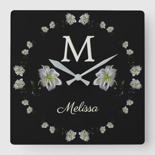 白エレガントユリフローラ スクエア壁時計 (正面)