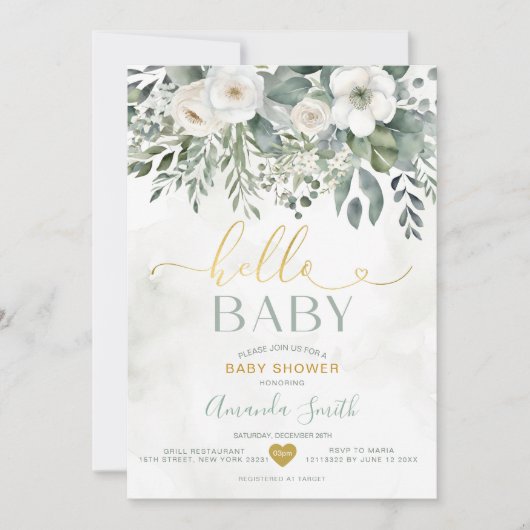 白エレガントユーカリフローラハローベイビーシャワー 招待状 (正面)