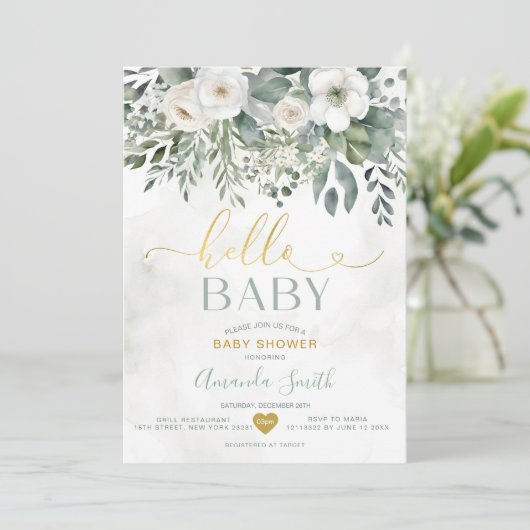 白エレガントユーカリフローラハローベイビーシャワー 招待状 (スタンド正面)