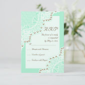 白エレガントレースと真珠ミントウェディングRSVP 出欠カード (スタンド正面)