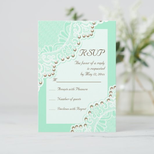 白エレガントレースと真珠ミントウェディングRSVP 出欠カード (スタンド正面)