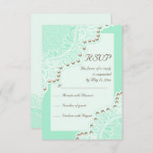 白エレガントレースと真珠ミントウェディングRSVP 出欠カード (正面/裏面)