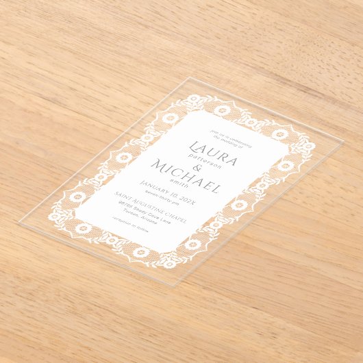 白エレガントレース アクリル招待状 (レイダウン)