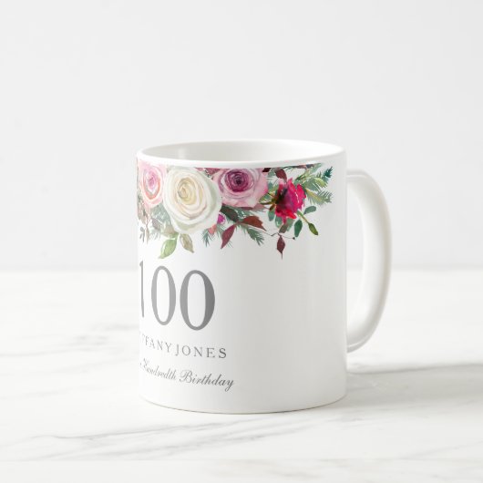 白エレガントローズピンクフローラ100誕生日 コーヒーマグカップ (正面右)