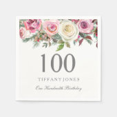 白エレガントローズピンクフローラ100誕生日 スタンダードカクテルナプキン (正面)
