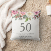 白エレガントローズピンクフローラ50誕生日 クッション (ブランケット)