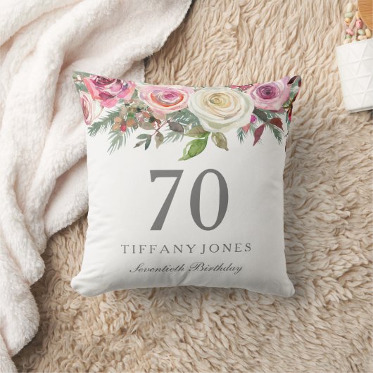 白エレガントローズピンクフローラ70誕生日 クッション (ブランケット)