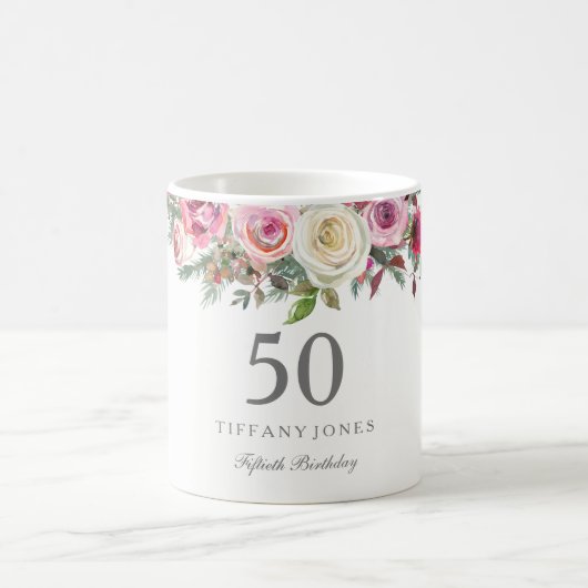 白エレガントローズピンクフローラ70誕生日 コーヒーマグカップ (中央)