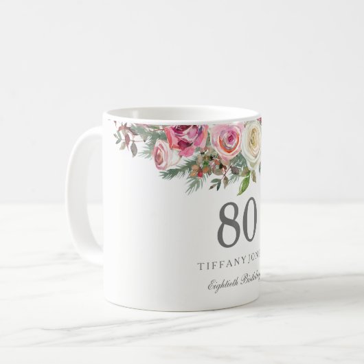 白エレガントローズピンクフローラ80誕生日 コーヒーマグカップ (正面左)