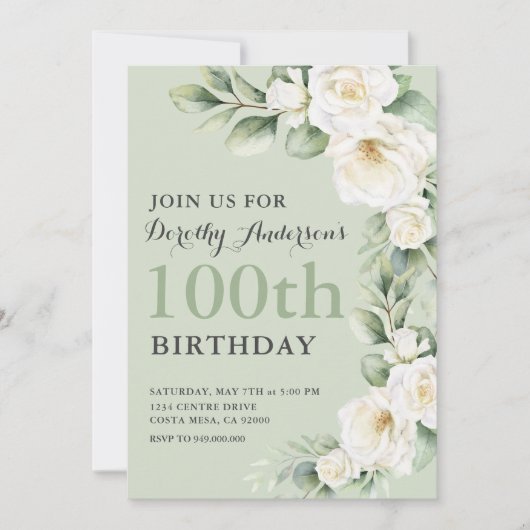 白エレガントローズユーカリプタス100th BIrthdayパーティー 招待状 (正面)